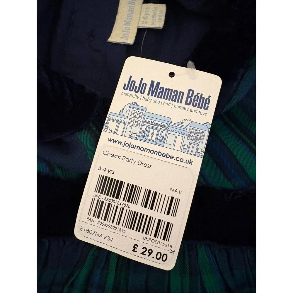 NWT Jojo Maman Bébé Plaid Holiday Dress, green and navy, size 3-4